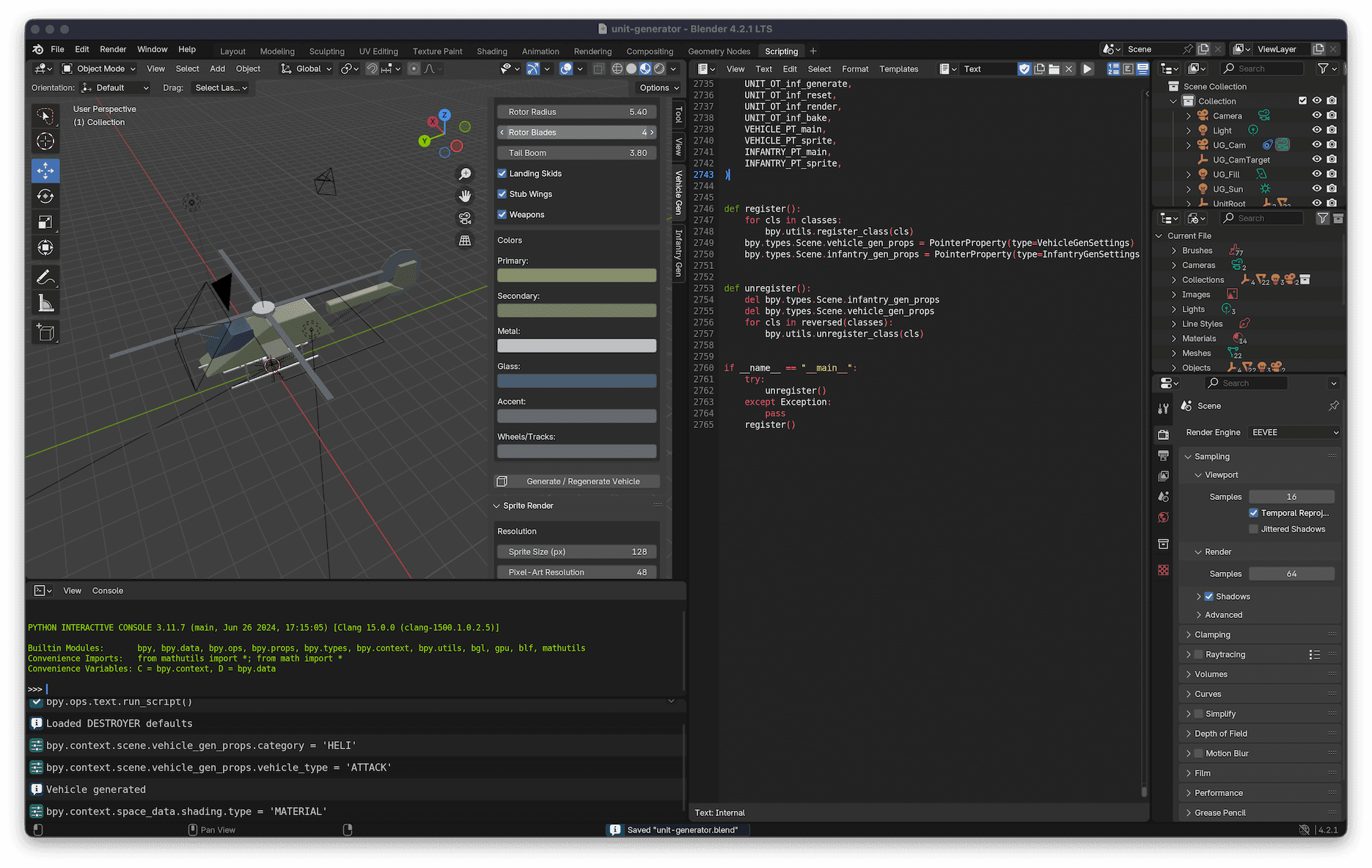A screenshot of the blender asset generator setup